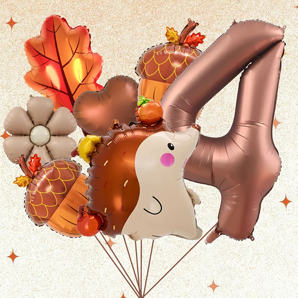 7Pcs Autumn Pinecone Hedgehog Balloon Set - 32 Inch Brown Number 1-9 Thanksgiving & Birthday Decor