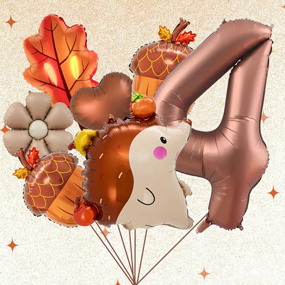 7Pcs Autumn Pinecone Hedgehog Balloon Set - 32 Inch Brown Number 1-9 Thanksgiving & Birthday Decor