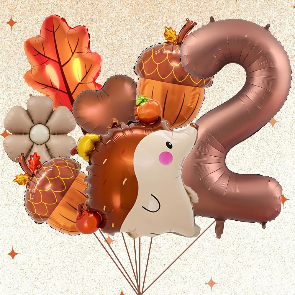 7Pcs Autumn Pinecone Hedgehog Balloon Set - 32 Inch Brown Number 1-9 Thanksgiving & Birthday Decor