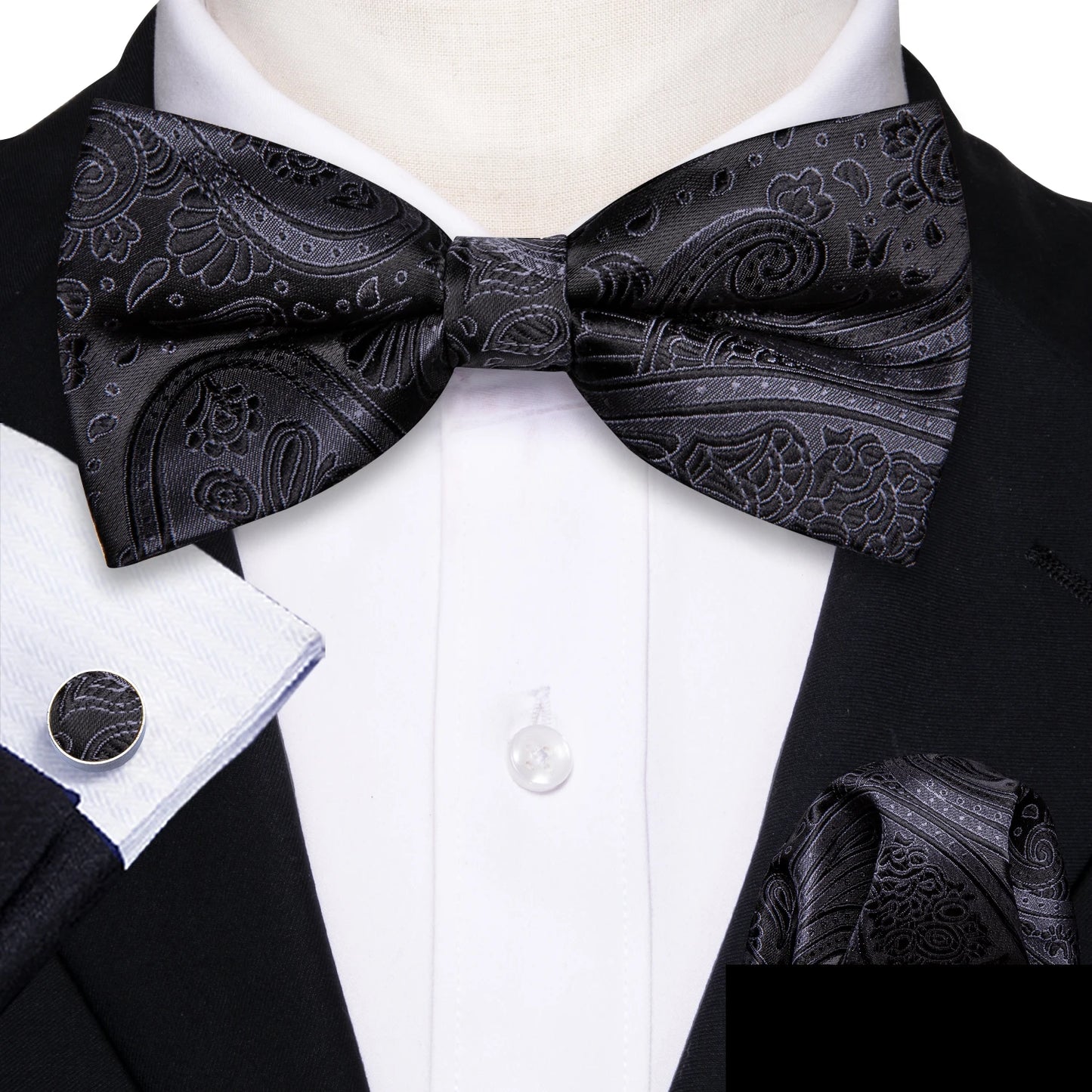Barry.Wang Silk Bow Tie Hanky Cuffs Set