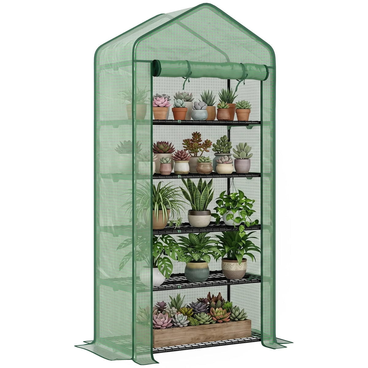 Outsunny 5-Tier Portable Mini Greenhouse with PE Cover & Roll-Up Door