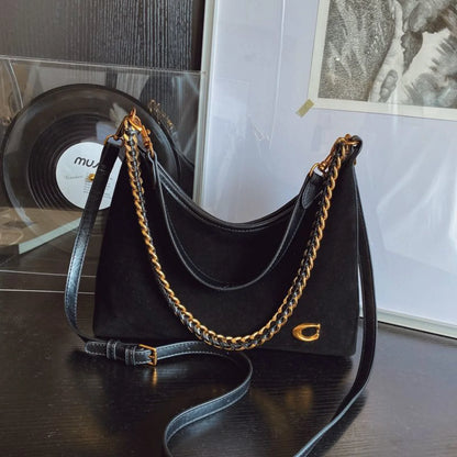 Women's Light Luxury High-End Black Suede Shoulder Crossbody Tote Bag