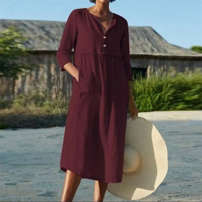 Women's Cotton Linen Half-Sleeve Midi Dress with Pockets