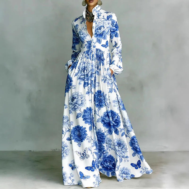 Women's Retro Print High-Waist Boho Shirt Dress