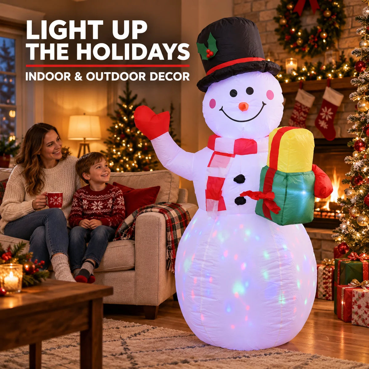 5FT Christmas Inflatable Snowman with Rotating LED Lights & Gift Box