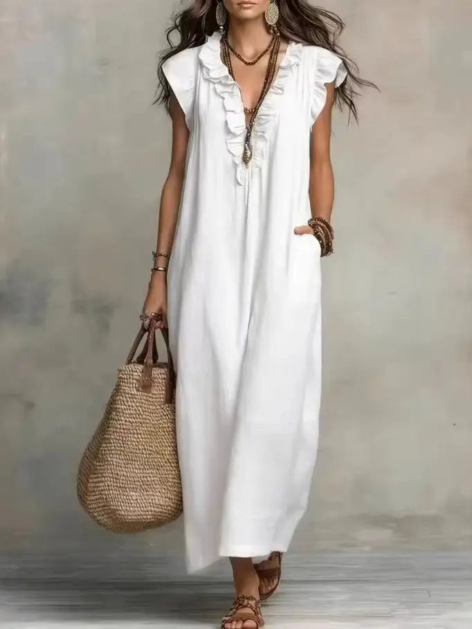 Women's Boho V-Neck Sleeveless Ruffle Solid Color Maxi Dress