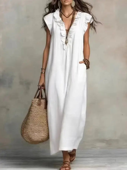 Women's Boho V-Neck Sleeveless Ruffle Solid Color Maxi Dress