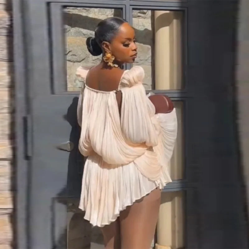 Satin Off-Shoulder Pleated Mini Dress with Puff Sleeves
