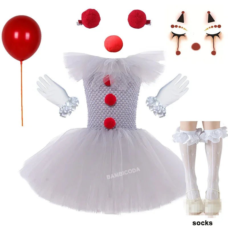 Girls' Pennywise Halloween Costume Dress Set - Creepy Clown Tutu Outfit for Kids