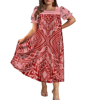 Women's Short-Sleeve Puff Sleeve Square Neck Midi Dress