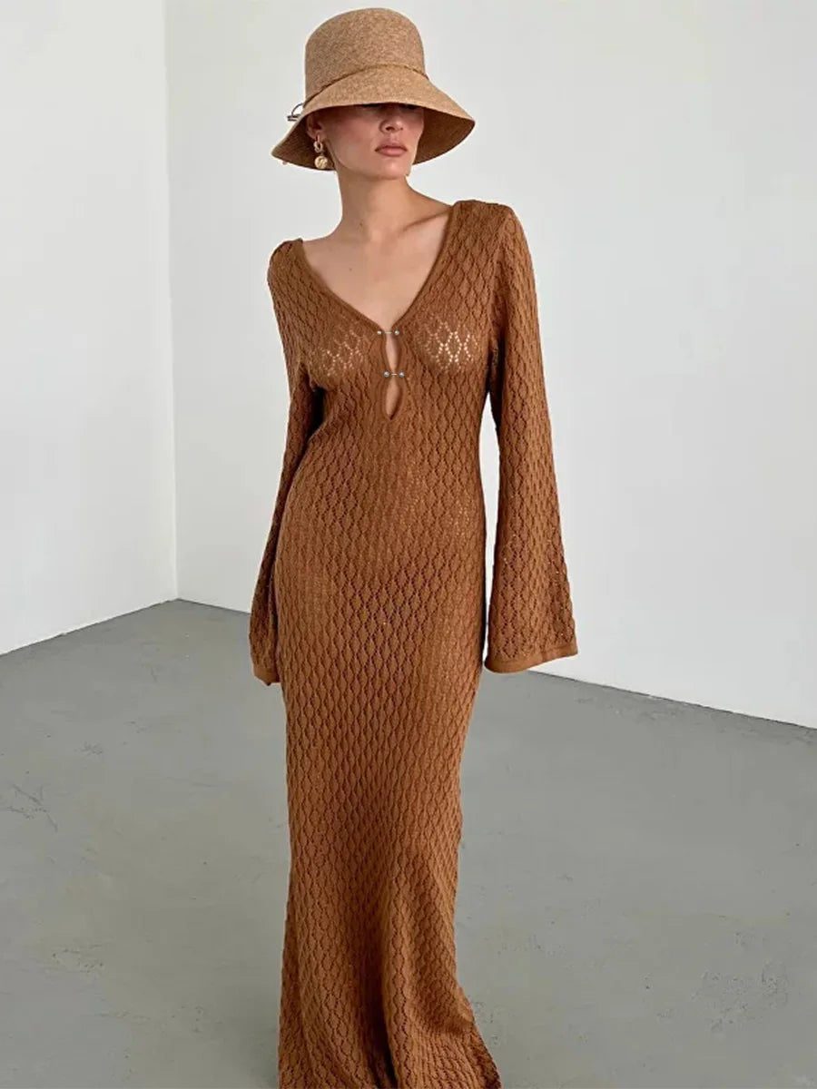 Women's Deep V-Neck Backless Knit Beach Cover-Up Dress