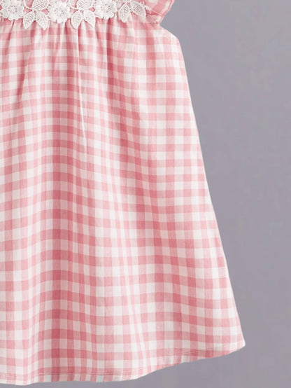Girls Pink Plaid Plissé Dress with Floral Lace