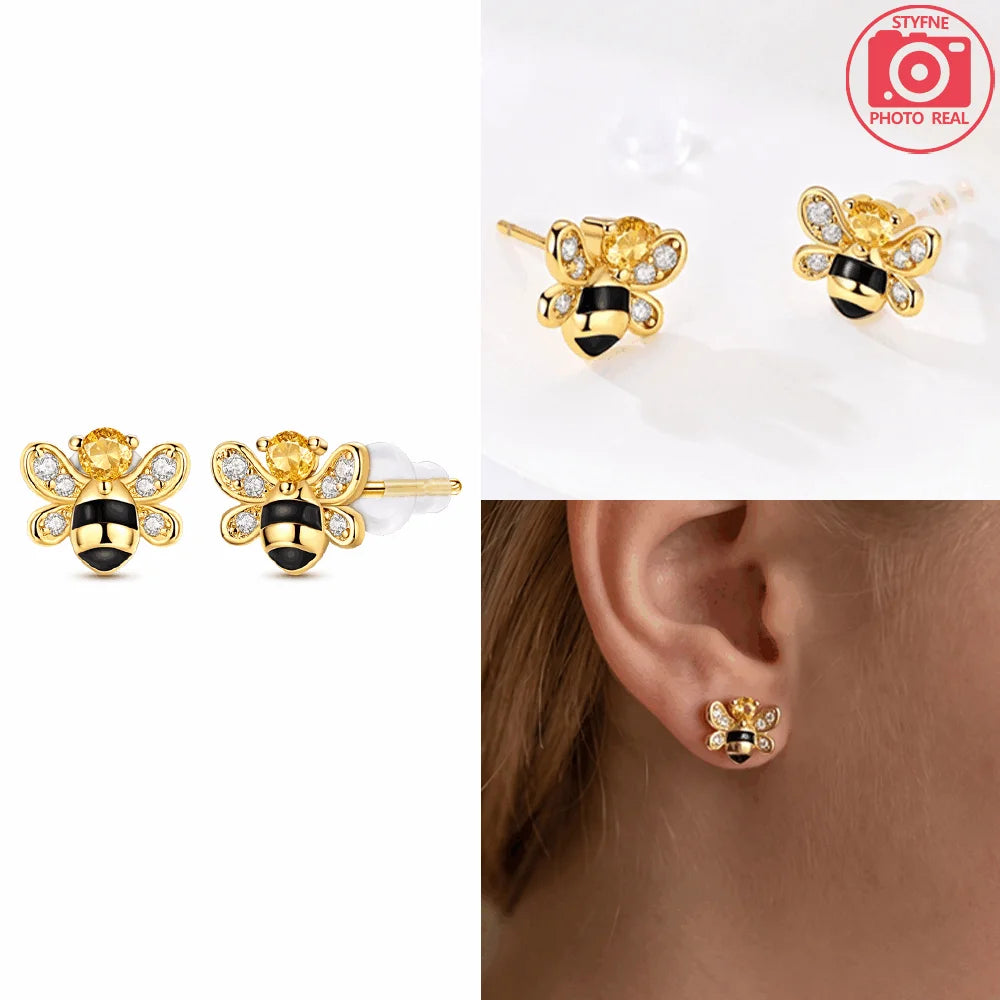 925 Sterling Silver Dancing Bee Hoop Earrings – Cute Enamel Zircon Jewelry