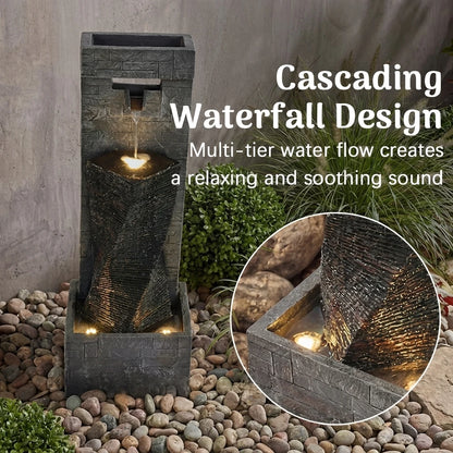 2-Tier Outdoor Cascading Water Fountain with Built-in LED Lights (39.4" H)