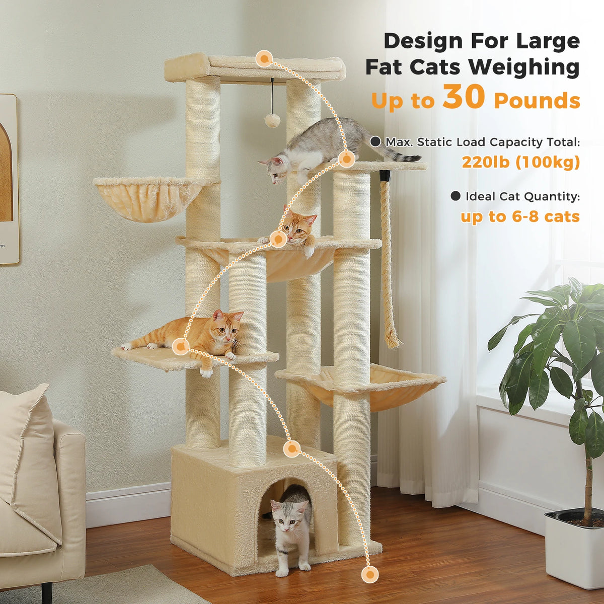 PAWZ Road 67" Multi-Level Heavy-Duty Cat Tree Tower for Large Cats