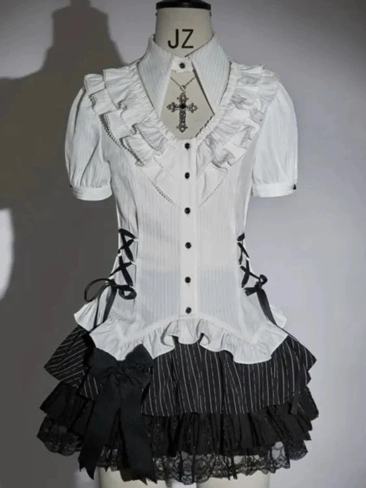 Retro Chic Bubble Sleeve Shirt + Slim Vest + Short Cake Skirt 3 Piece Set
