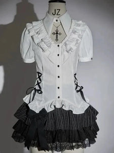 Retro Chic Bubble Sleeve Shirt + Slim Vest + Short Cake Skirt 3 Piece Set