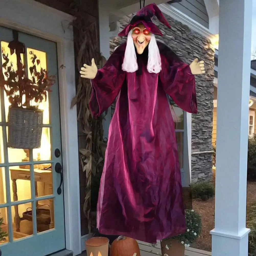 Life-Size Animated Purple Hanging Witch Halloween Prop with Voice Control & LED Eyes