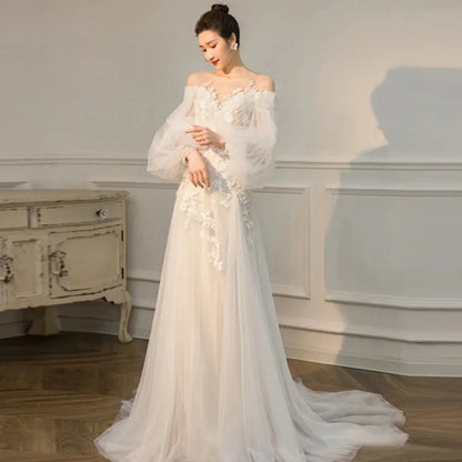 Off-Shoulder Lace Boho Wedding Dress with Long Puff Sleeves