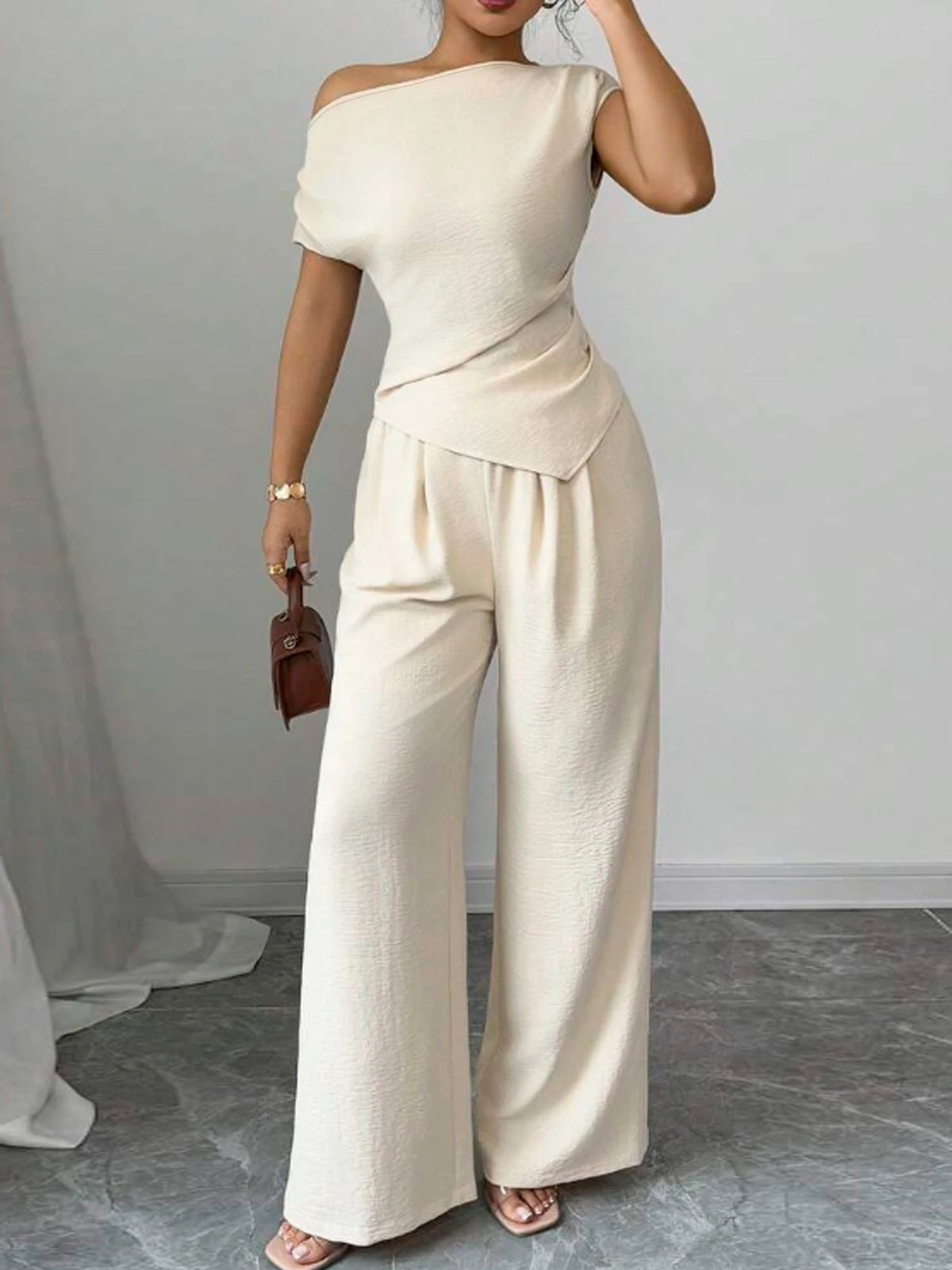 Women's Elegant Asymmetric Top & Wide-Leg Pants 2-Piece Set