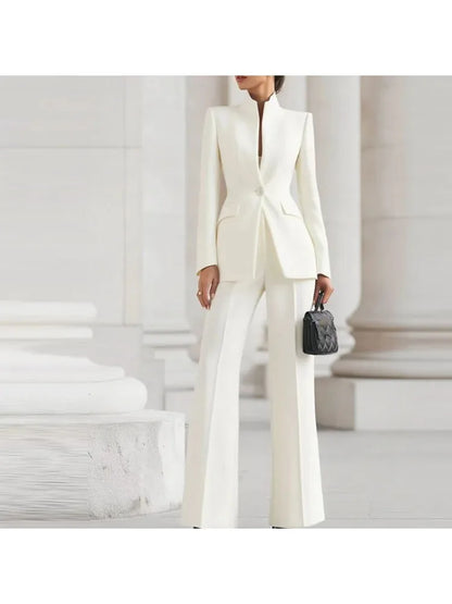 Women's 2-Piece V-Neck Single-Button Blazer & Wide-Leg Pants Suit Set