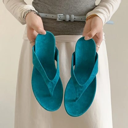 Women's Genuine Sheepskin Suede T-Strap Flat Flip Flop Sandals