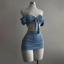 Puff Sleeve Strapless Crop Top and High Waist Skirt Set