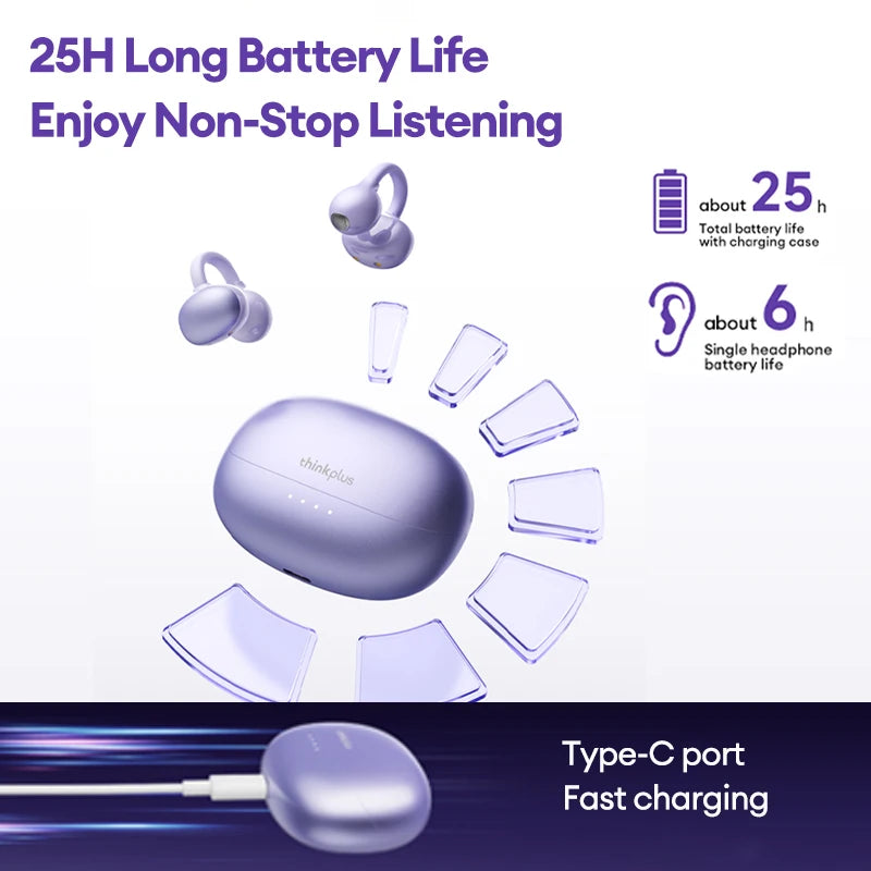 Lenovo LK6 Wireless Bluetooth 5.4 Clip-On Earphones with HD Audio & Noise Reduction