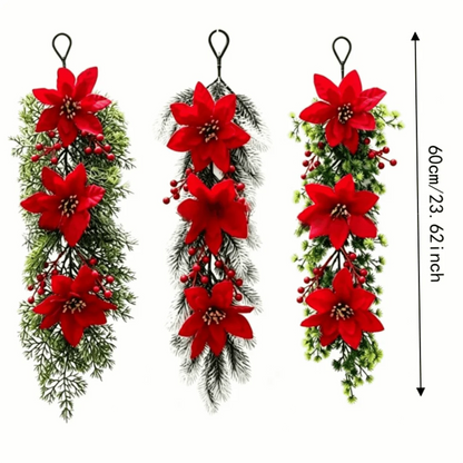 Wall-Mounted Christmas Hanging Vine with Red Berries & Poinsettia