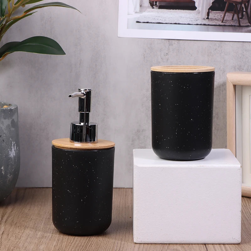 Black Bathroom Toothbrush Holder With Bamboo Cover Lotion Dispenser Soap Box