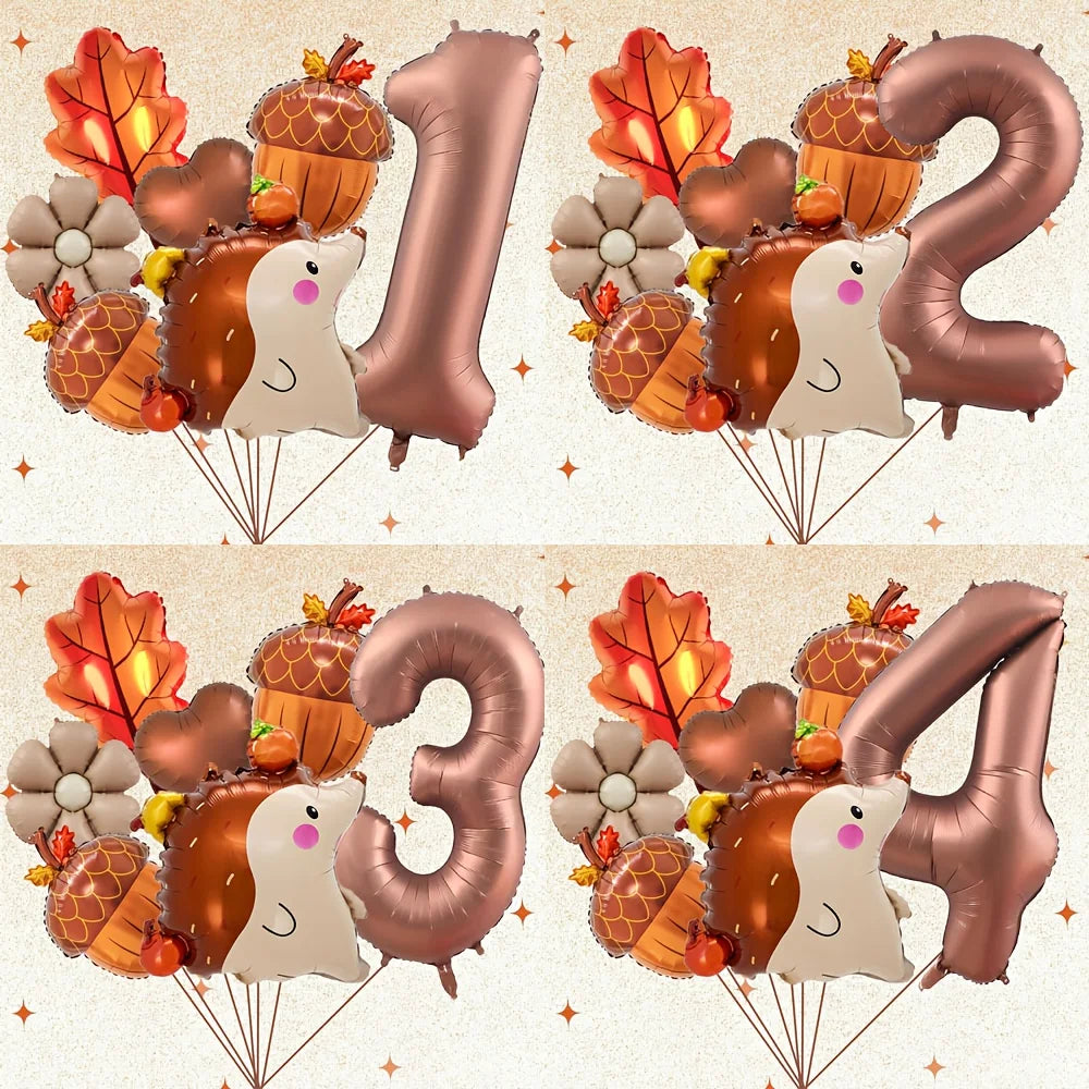 7Pcs Autumn Pinecone Hedgehog Balloon Set - 32 Inch Brown Number 1-9 Thanksgiving & Birthday Decor