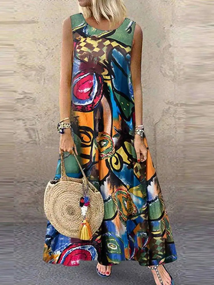 ZANZEA Women's Floral Print Sleeveless Bohemian Kaftan Dress