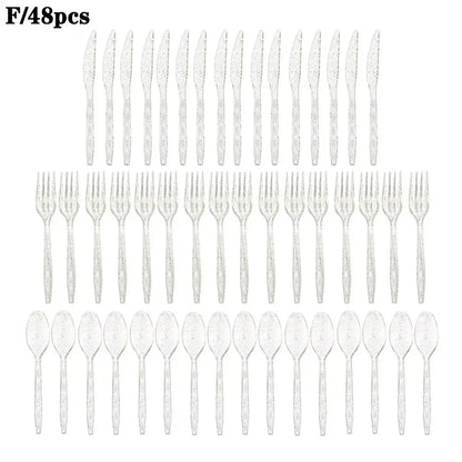 48-Piece Pastel Plastic Cutlery Set - Reusable Spoons, Forks & Knives