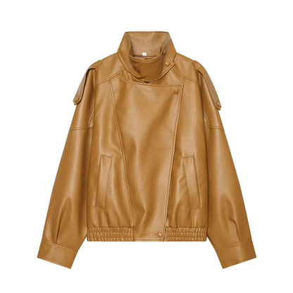 Women's Black Faux Leather Motorcycle Jacket – Long Sleeve Casual Coat