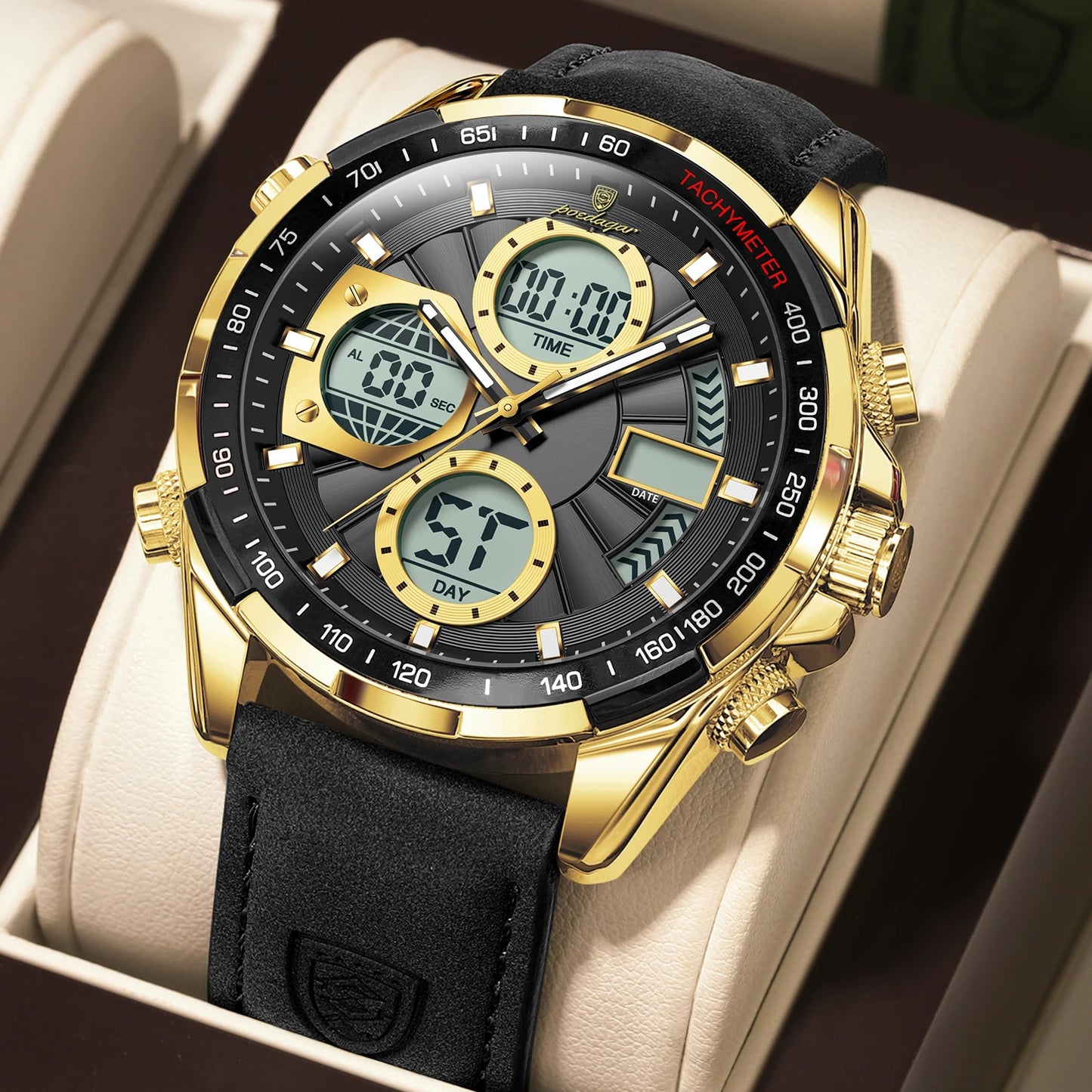 POEDAGAR LED Luminous Dual Time Display Digital Quartz Watch
