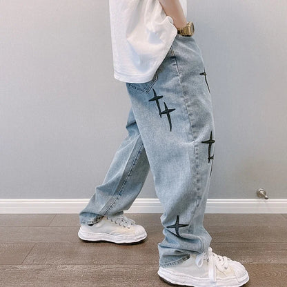 Men's Wide-Leg Loose Fit Jeans - High Street Straight Casual Denim Trousers