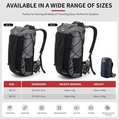 Naturehike Rock Series Lightweight Outdoor Hiking Backpack - 40L & 60+5L Camping Pack with Rain Cover