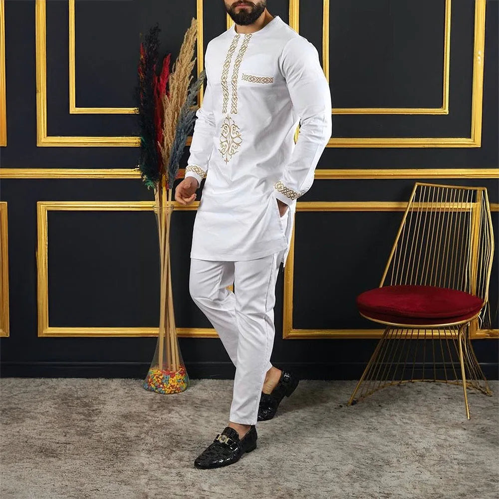 Men's Elegant Dashiki Embroidered Shirt & Full Pant Suit Set