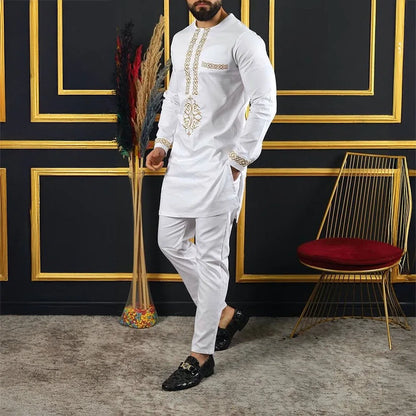 Men's Elegant Dashiki Embroidered Shirt & Full Pant Suit Set