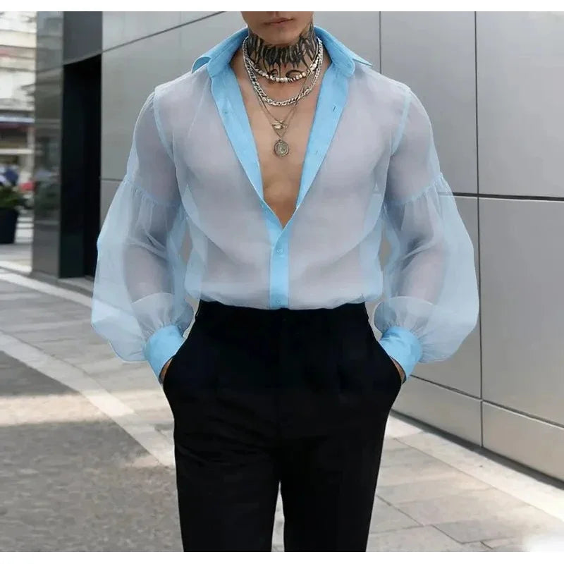 Men's Mesh Patchwork Long Sleeve Shirt - See-Through Sheer Party Streetwear Top