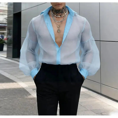 Men's Mesh Patchwork Long Sleeve Shirt - See-Through Sheer Party Streetwear Top