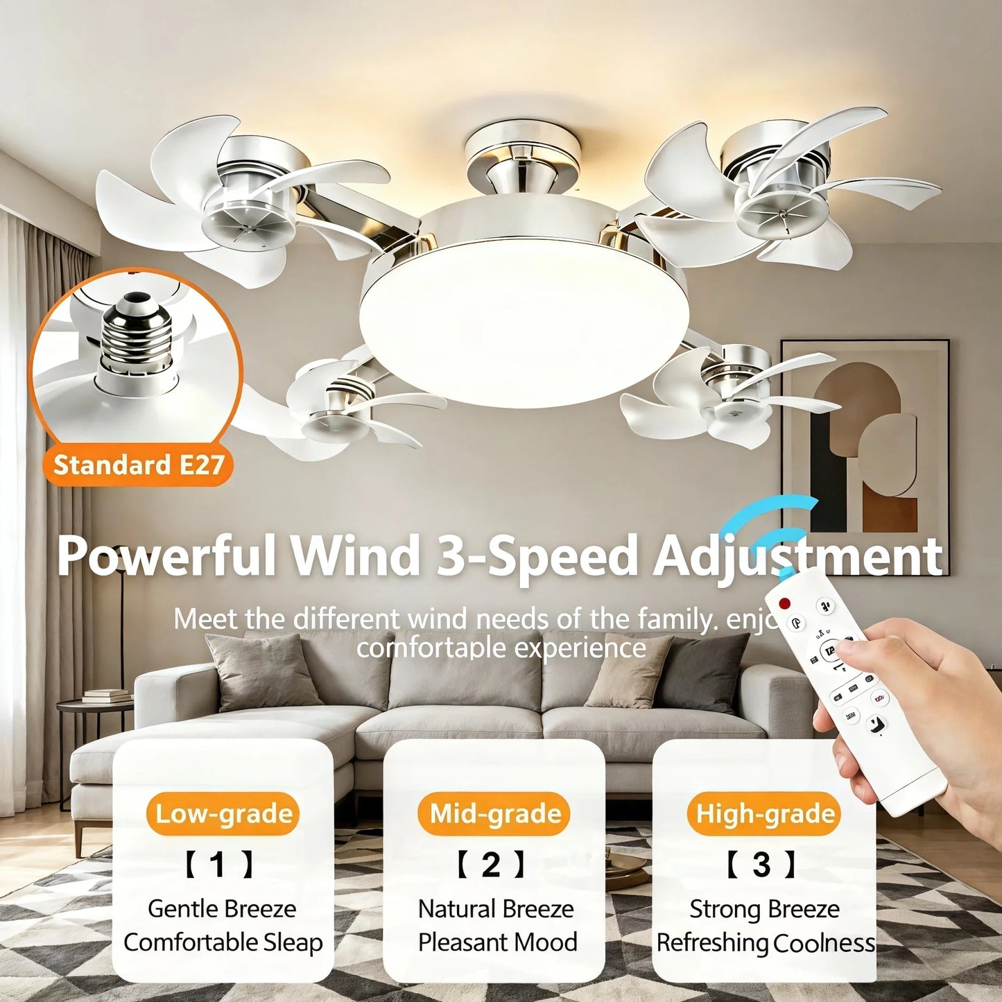 2-in-1 Drone-Design E27 LED Ceiling Fan Light Bulb with Remote