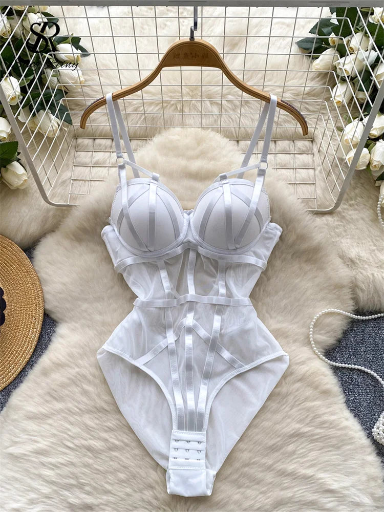 SINGREINY Women's Sleeveless Gauze Corset Bodysuit with Open Crotch
