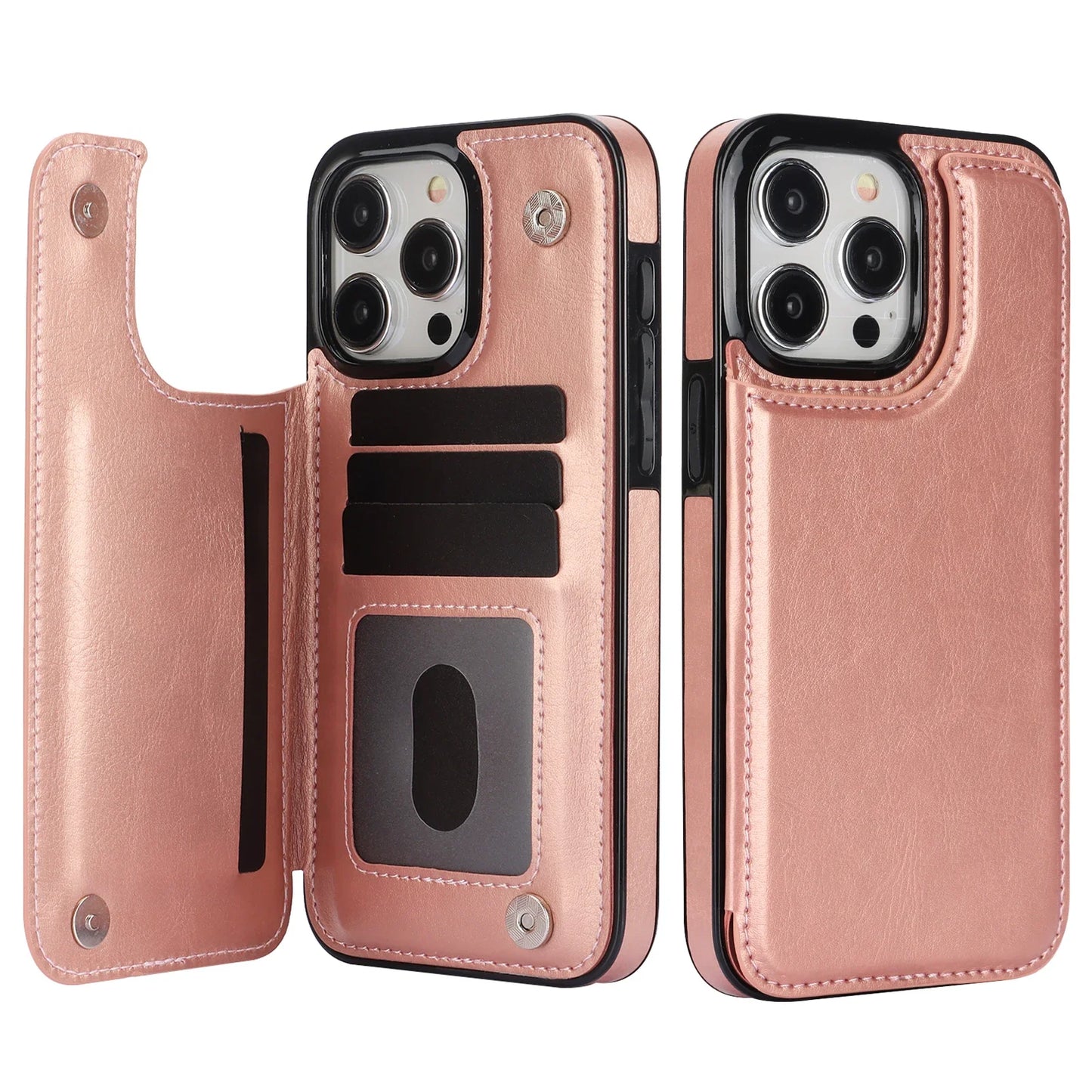 Double Button With Card Slot Stand Flip Leather Case For iPhone