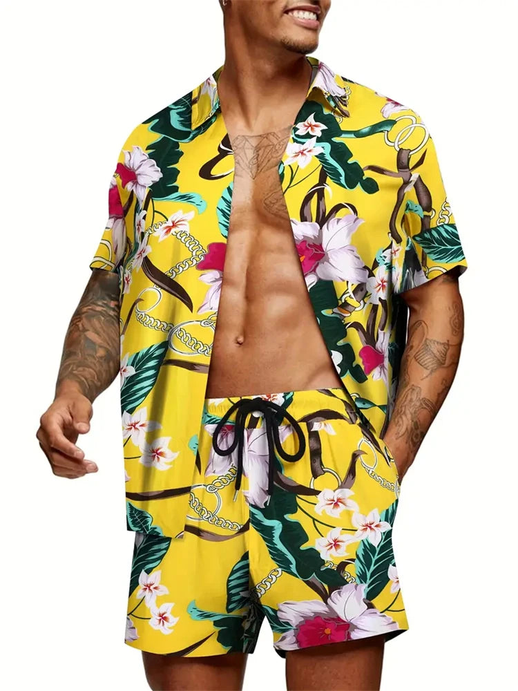 Hawaiian Print Short-Sleeved Shirt & Shorts Set
