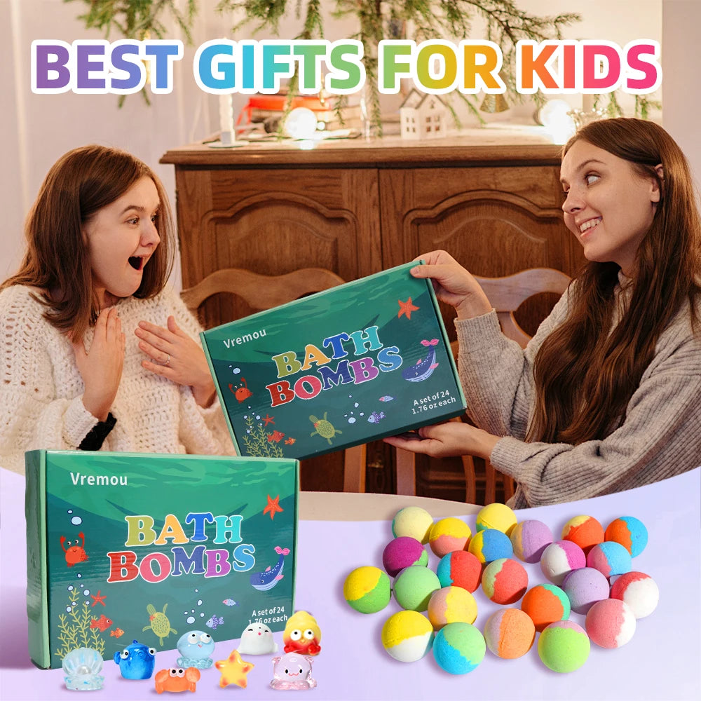 Vremou 24-Pack Kids' Bath Bombs Set – Organic Essential Oil Fizzy Spa Gift with Toys Inside