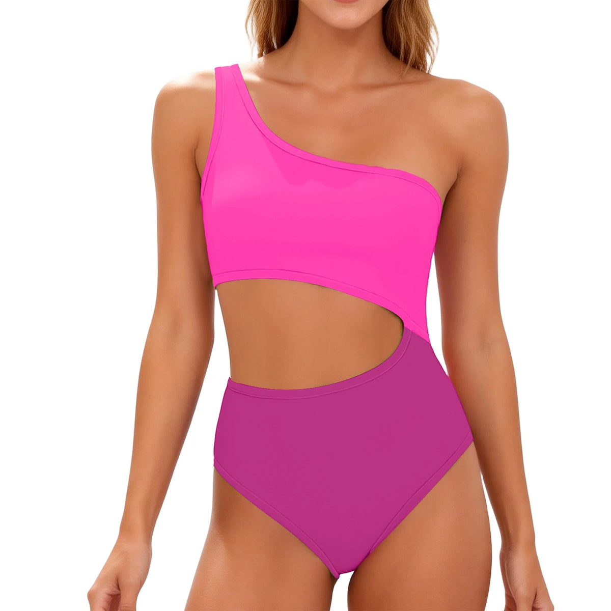 Women's Fashion Color Block One-Shoulder One-Piece Swimsuit