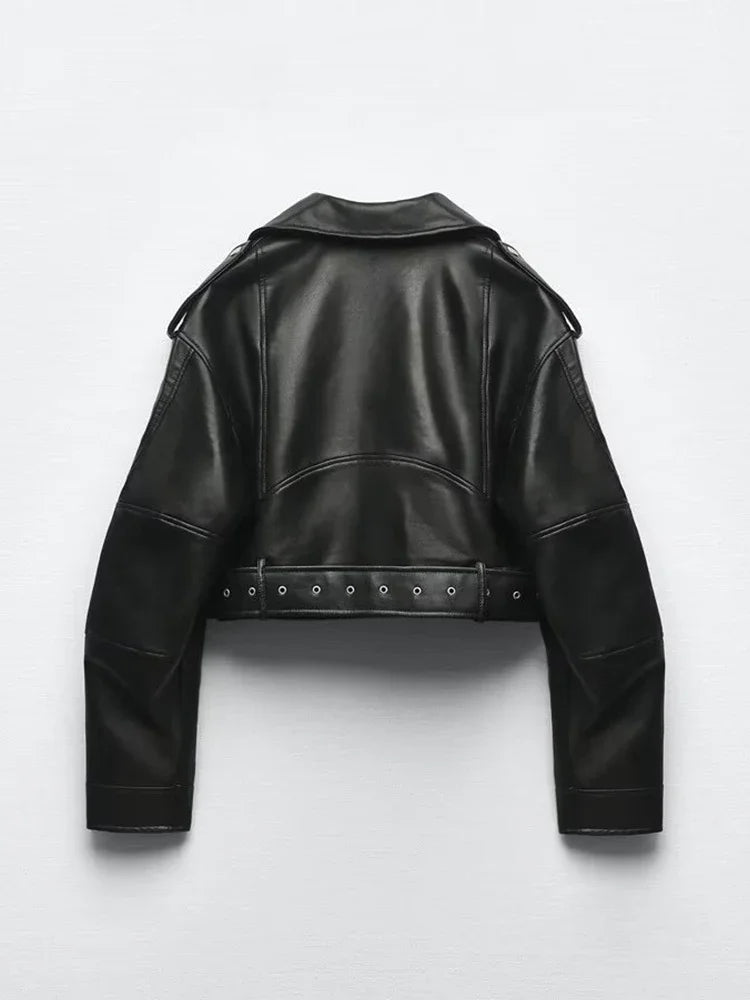 BBWM Oversized Loose Faux Leather Short Jacket with Belt