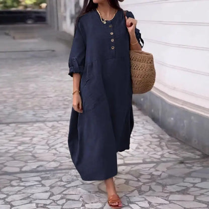 Women's Loose Cotton Linen Long Sleeve Maxi Dress with Pockets