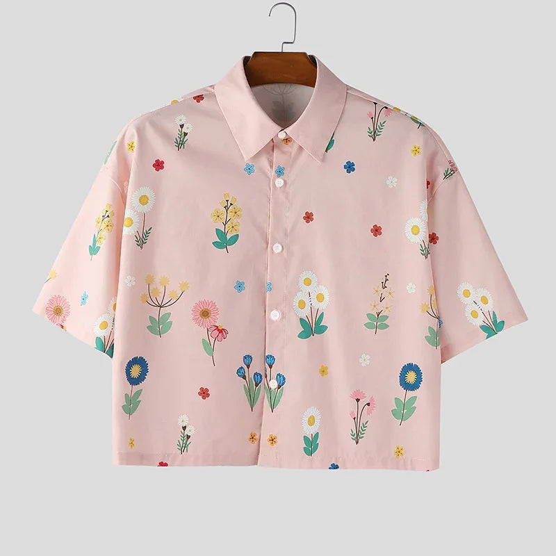 Men’s Cropped Floral Print Button-Down Shirt – Summer Vintage Casual Short Sleeve